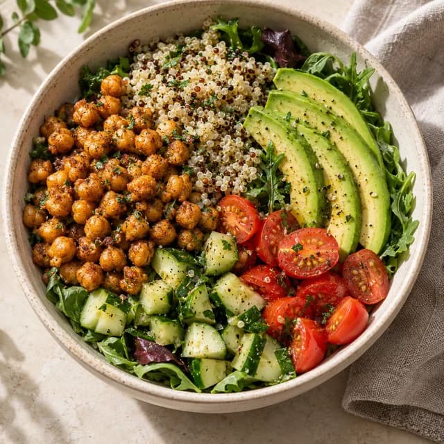 Example lunch: a bowl with chickpeas, vegetables and quinoa.